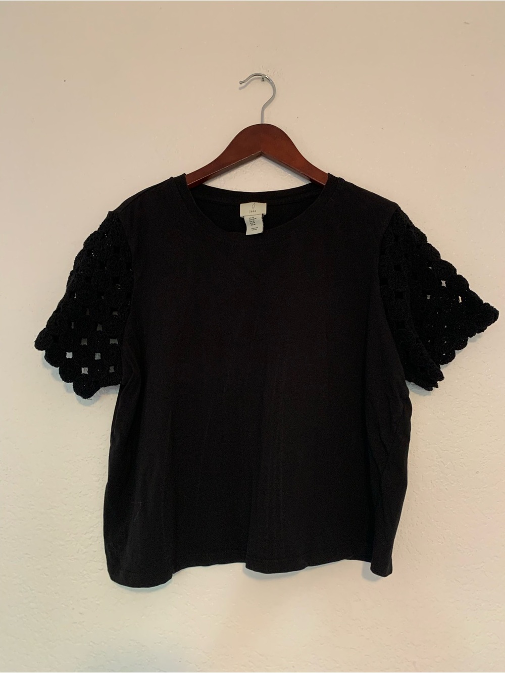 Joie Black Short Sleeve Tee with Crochet Detail | M